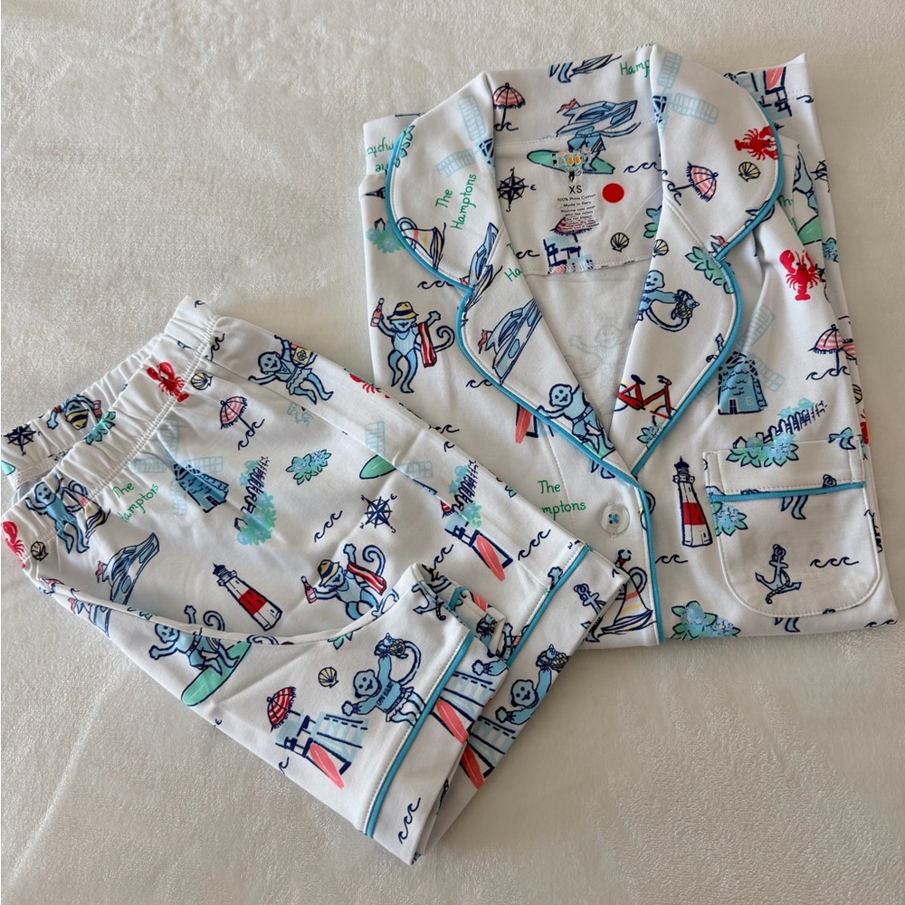 Roller Rabbit White Pajama Set with Blue and Red Print